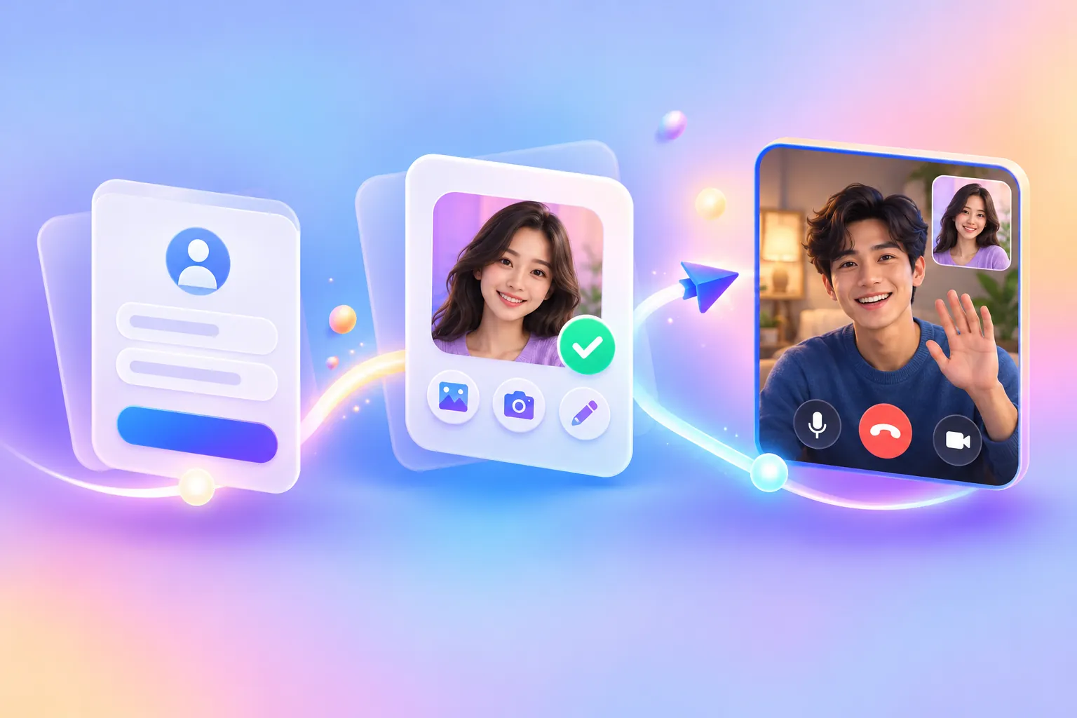 Illustration of creating a profile and starting a video call on Chamet.