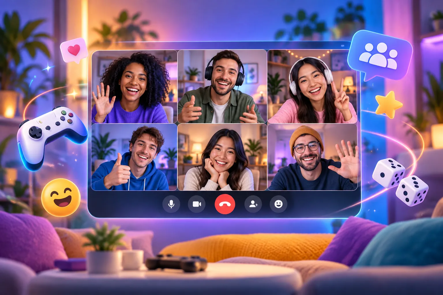 A group video chat with several people in one room.