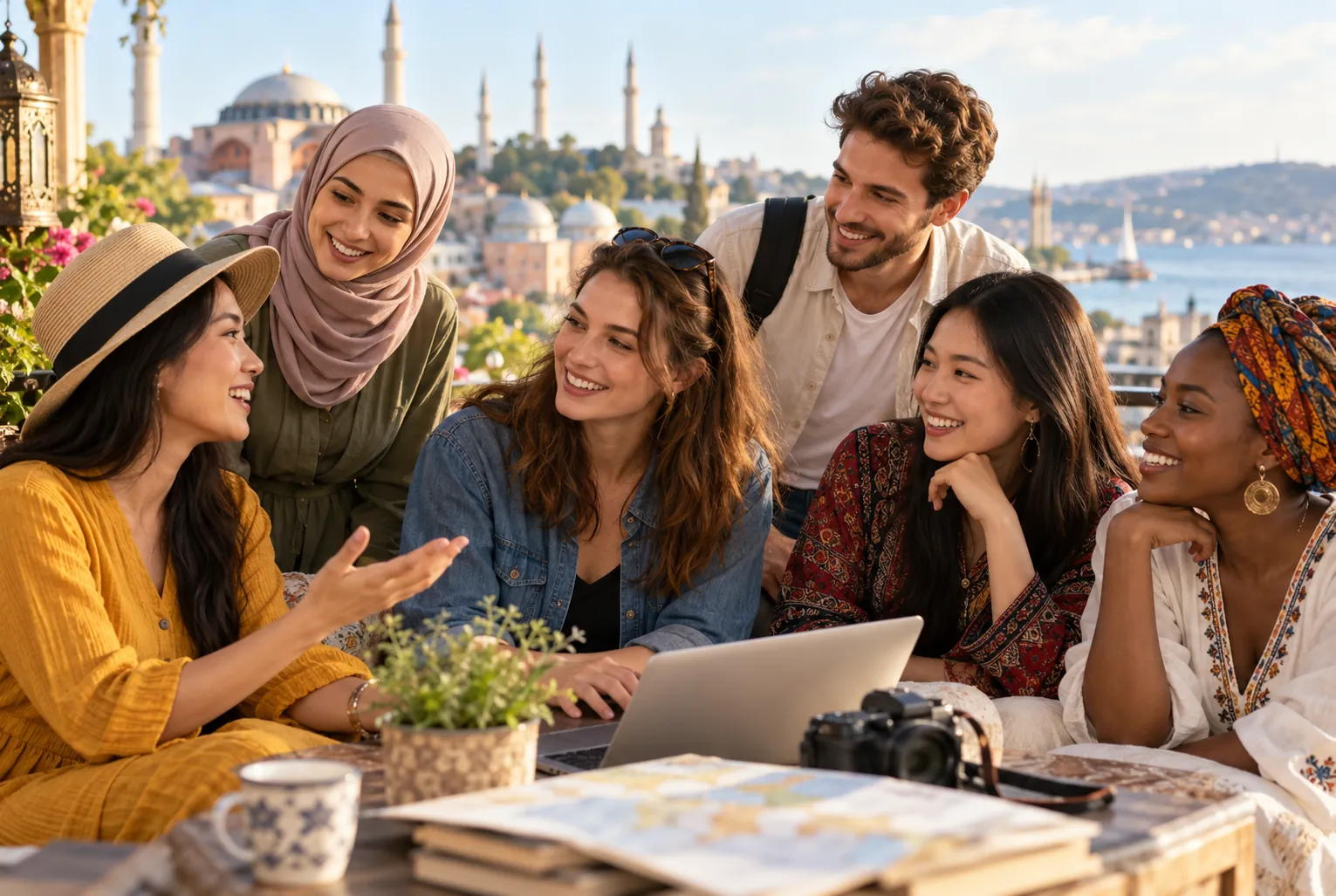 Women from different places talking on video chat.
