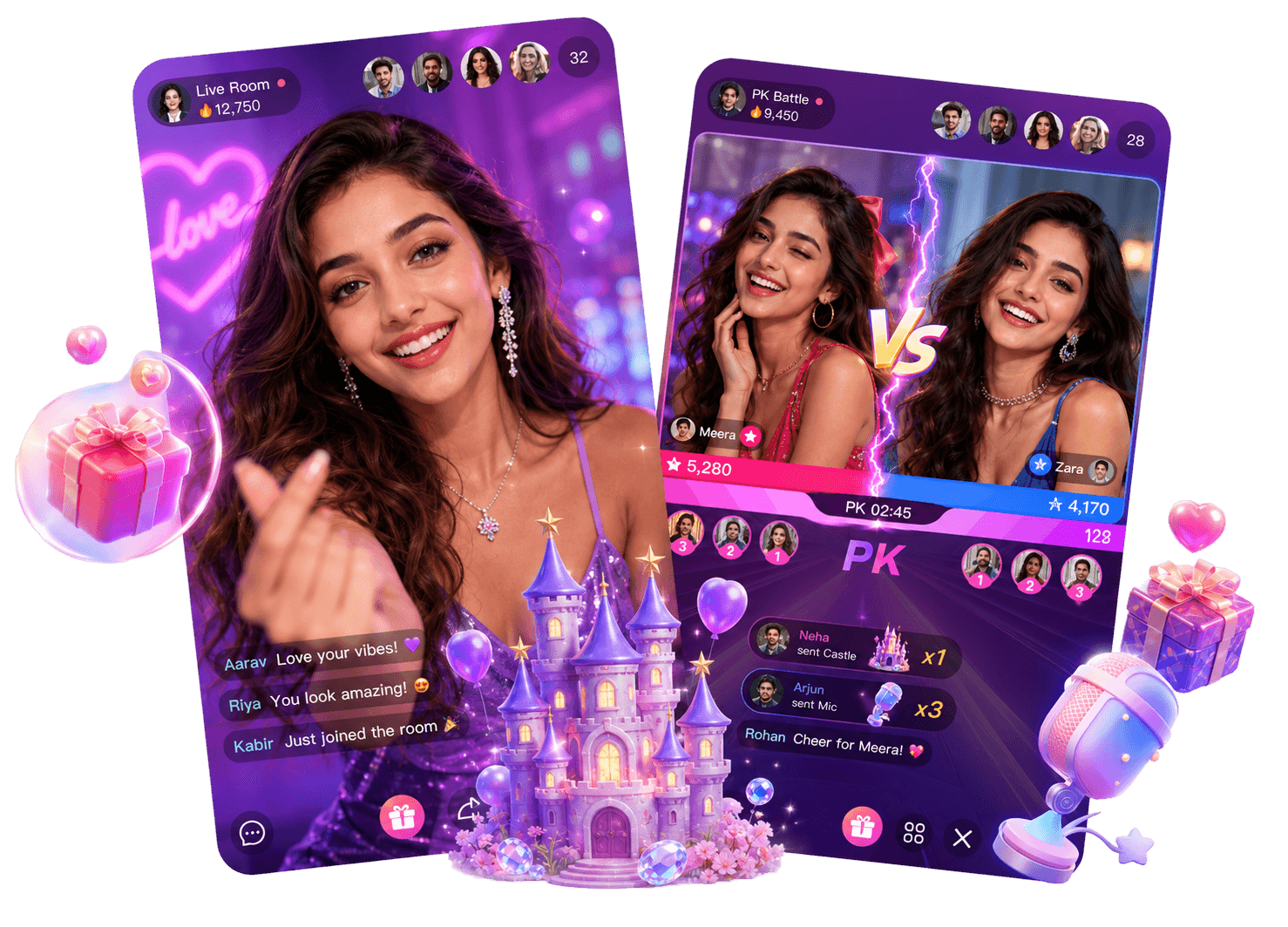 Chamet app screens showing live video chat, profiles, and social feeds