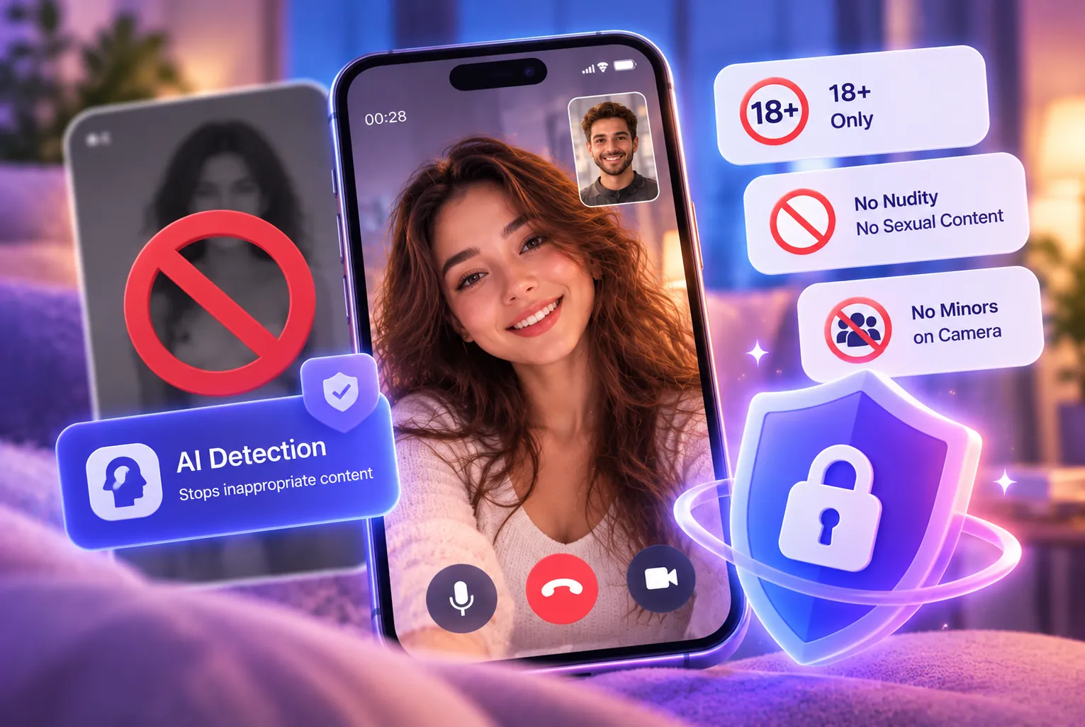 Chamet blocks nudity, sexual content and minors on camera.